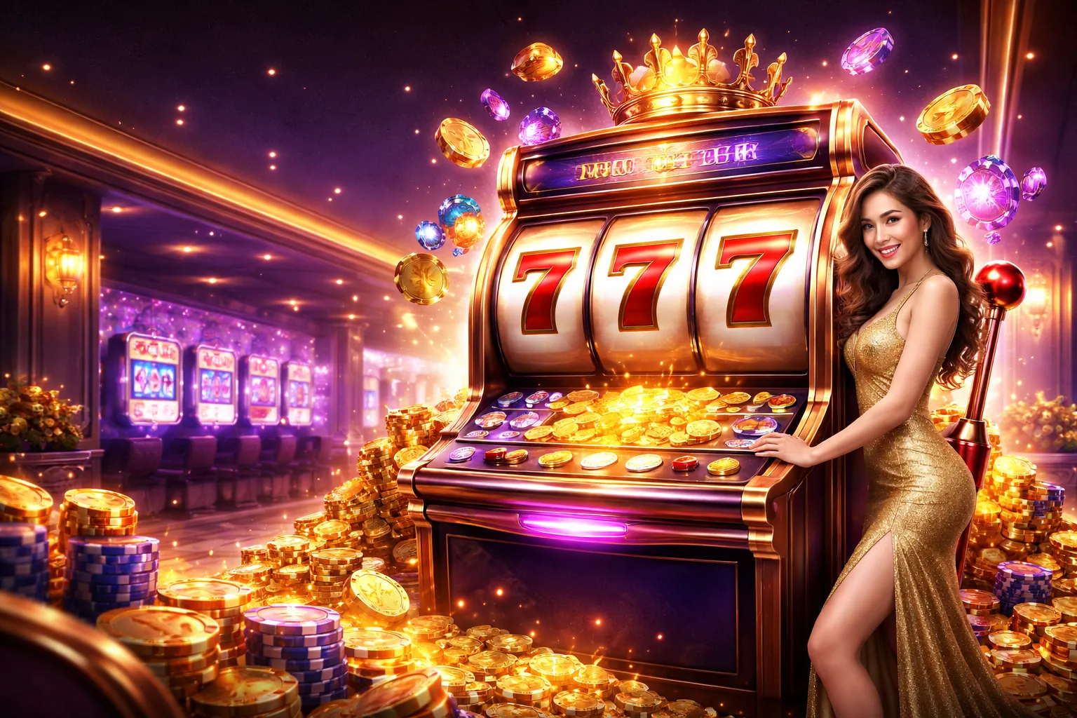 Người chơi đang trải nghiệm trò chơi slot với đồ họa sống động, tiền vàng và biểu tượng may mắn, thể hiện sự hứng khởi và chiến thắng tại awin68 chính thức
